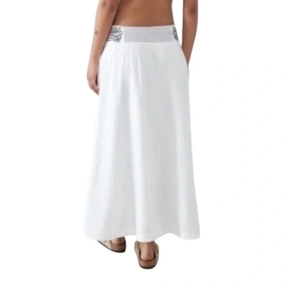 Free People Lotus White and Black Embroidered Long Skirt,Large - Picture 3 of 10